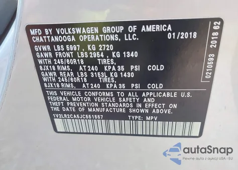 2018 Volkswagen Atlas 3.6L V6 Se/3.6L V6 Se W/Technology from USA, damaged, VIN 1V2LR2CA5JC551557